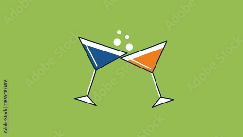 Two martini glasses clinking together with bubbles rising, set against a green background.