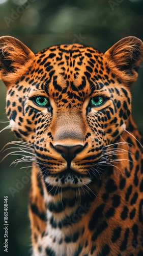 Leopard's face with green eyes, focused expression, and distinctive spot pattern.