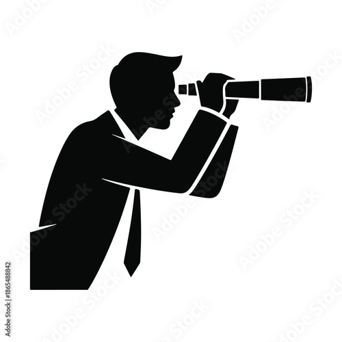 Black silhouette of a man in a suit looking through a telescope vector