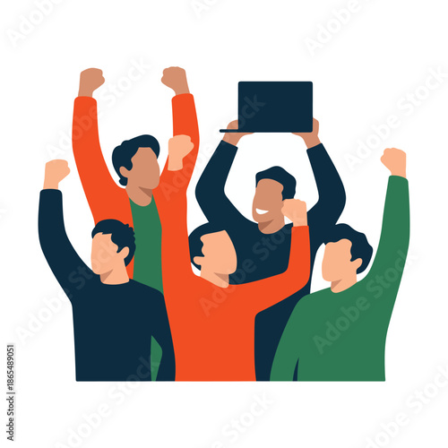Group of people celebrating with raised fists and laptop celebration success