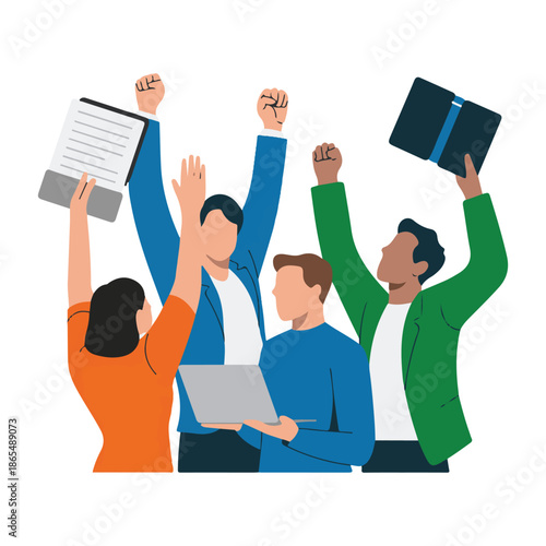 Diverse group of people celebrating with raised fists and holding documents celebration success