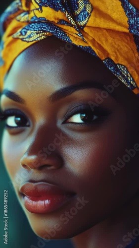 A woman with a confident smile, showcasing cultural attire and striking makeup.