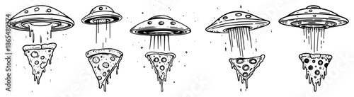 Hand drawn sketch of ufo spaceships abducting pepperoni pizza slices with light beams