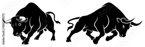Furious black bull silhouette charging forward isolated on white background for logo design