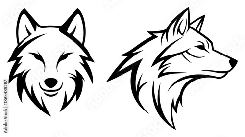 Stylized wolf head vector illustration set featuring front and side profile views for mascot