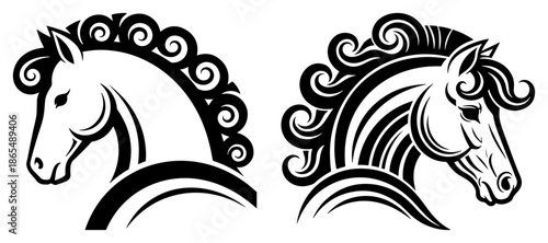 Stylized horse head profile with decorative curly mane in tribal tattoo design style