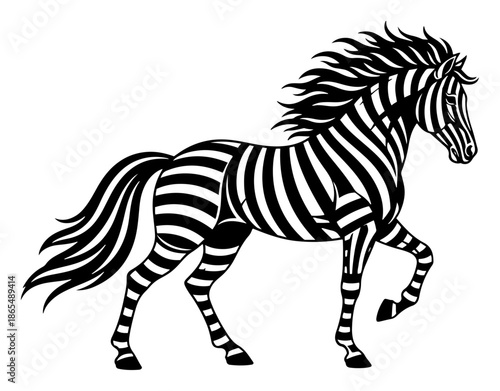 Stylized walking zebra illustration with bold stripes on white background
