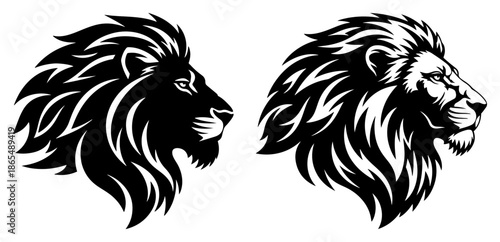 Lion head profile silhouette in two variations for sports mascot logo design