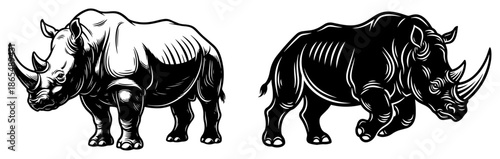 Hand drawn rhinoceros illustration in vintage woodcut and engraving style