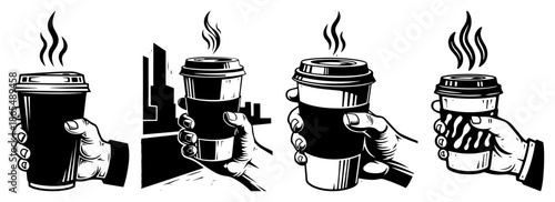 Hand holding hot takeaway coffee cup with steam vector illustration in vintage engraving style