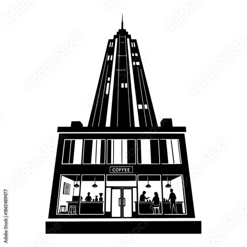 Tall skyscraper building exterior with a coffee shop storefront at street level vector illustration