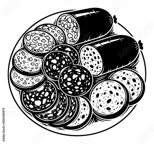 Top view illustration of sliced salami and sausages arranged on a plate