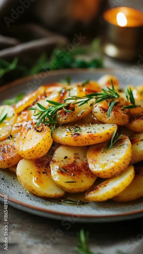 A delicious serving of roasted potatoes flavored with garlic and rosemary, perfect for a warm and hearty meal.