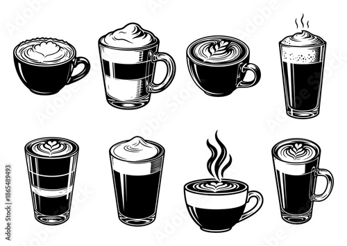 Set of various coffee drinks including latte and cappuccino in sketch style