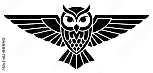 Symmetrical geometric owl illustration with spread wings facing forward in tattoo style