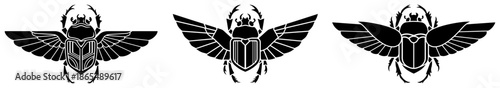 Set of three winged scarab beetle illustrations in ancient Egyptian style