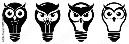Set of stylized owl and lightbulb logo combination icons