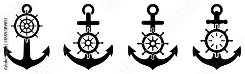 Set of combined nautical anchor and ship wheel helm icons