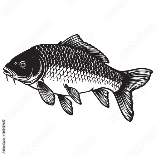 Close-up of a fresh common carp fish isolated on a white background, highlighting its golden scales and aquatic wildlife details
