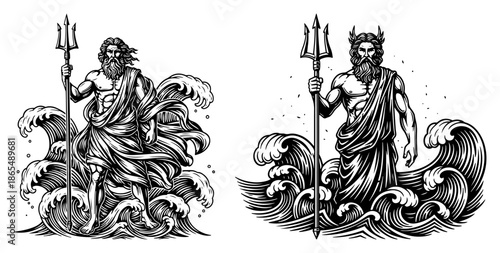 God Poseidon holding trident standing in ocean waves vintage engraving vector illustration
