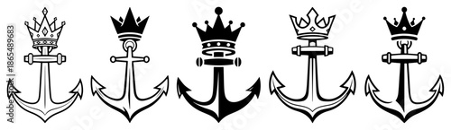 Set of nautical ship anchors topped with royal crowns isolated on white background