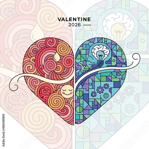 Heart split into emotions and logic, Valentine's Day concept, brain and gears