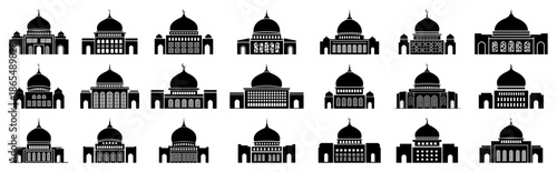 Collection of mosque building silhouettes with domes for islamic design