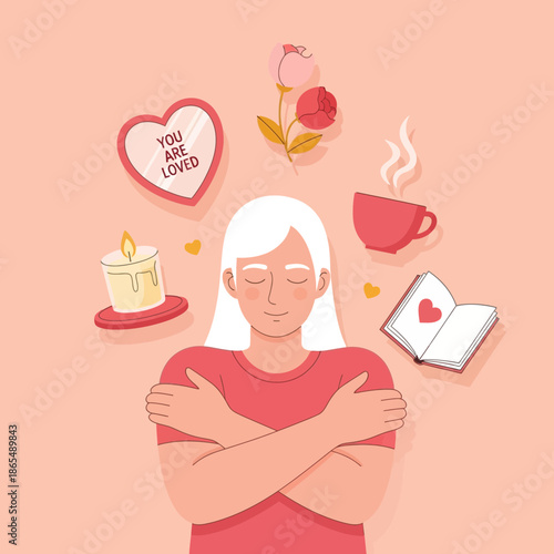 Self Love and Care Concept: Woman Hugging Herself with Symbols of Comfort