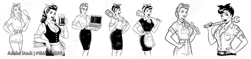 Set of retro pin up girls representing different professions like mechanic and waitress