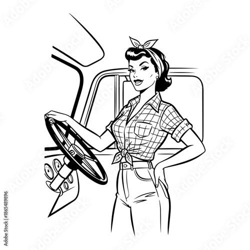Beautiful woman truck driver holding steering wheel in vintage comic style