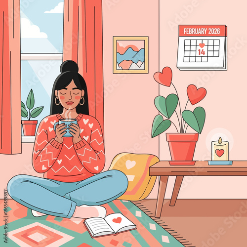 Woman Enjoying Hot Drink at Home, Cozy Valentine's Day Vibes, Relaxing Indoor Scene