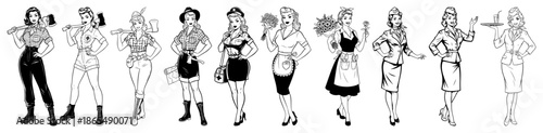 Collection of retro female characters in various work uniforms including lumberjack and waitress