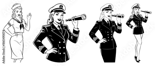 Female naval captain and sailor illustrations wearing uniforms and holding a telescope