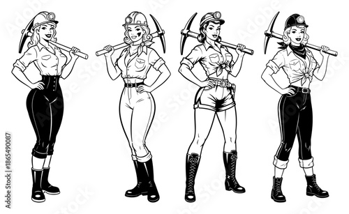Vintage pin up girl miner character holding a pickaxe and wearing a hard hat