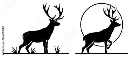 Black silhouette of a standing deer with antlers and walking stag logo set