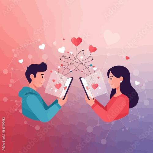 Couple Connecting Through Online Dating App, Virtual Romance, Love Hearts