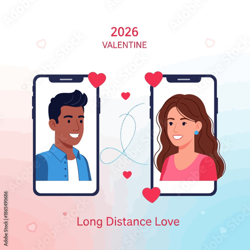 Couple in Long Distance Relationship Connecting via Smartphones on Valentine's Day 2026
