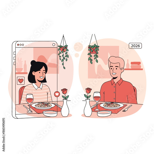 Couple on a virtual date during quarantine, enjoying dinner remotely