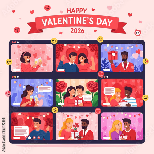 Happy Valentine's Day Video Call Celebration - Diverse Couples Connect Online
