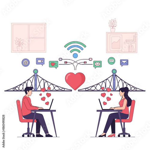 Online Dating Concept: Couple Connecting Through Digital Bridge and Hearts