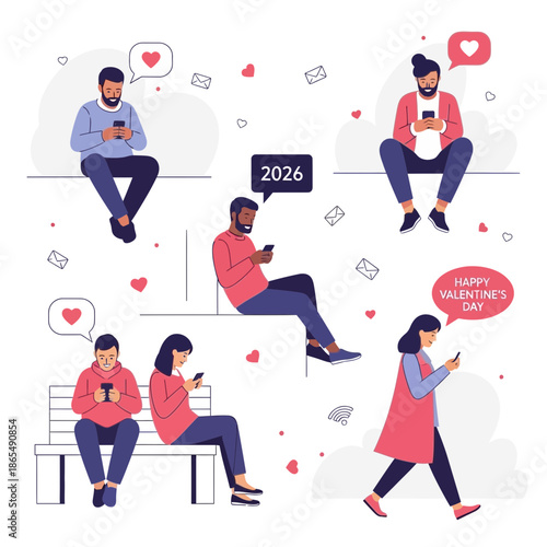 People using smartphones for online dating and communication, Valentine's Day concept