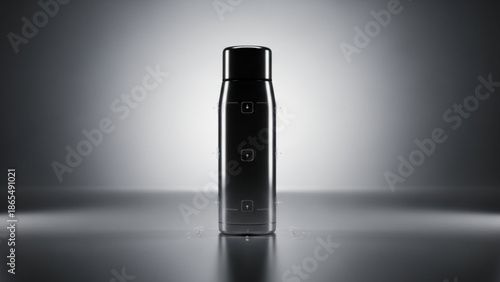 Black deodorant spray bottle on reflective surface with gradient background