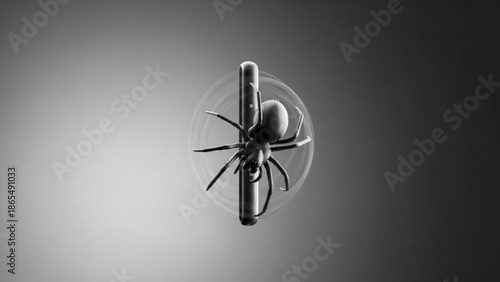 Black spider on a sticky trap with a white to dark gradient background