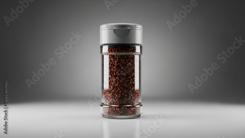 Glass spice grinder filled with dark red peppercorns on a white surface