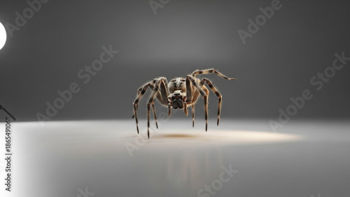 A metallic spider sculpture with intricate details standing on a reflective surface
