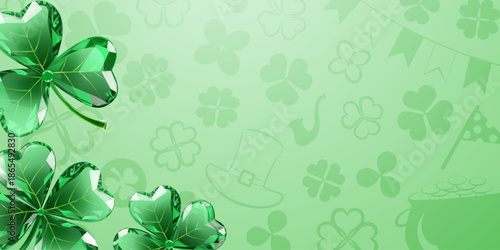 St Patricks Day theme, digital illustration, light green background with shamrocks and festive elements.