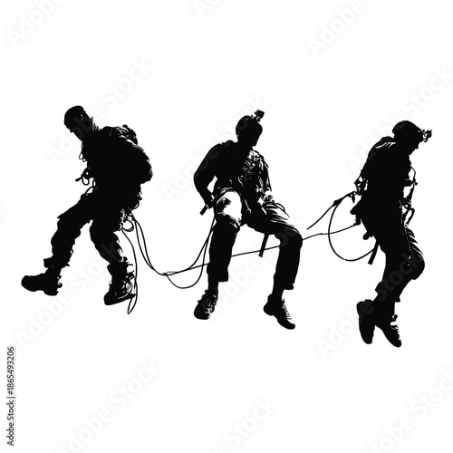 Silhouettes of Military Soldiers Rappelling with Gear