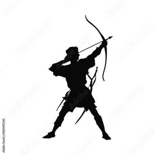 Silhouette of archer drawing bow and arrow