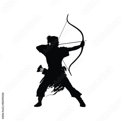 Silhouette of archer drawing bow with arrow