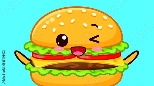 Animated Kawaii Burger Character with Cute Facial Expressions.
